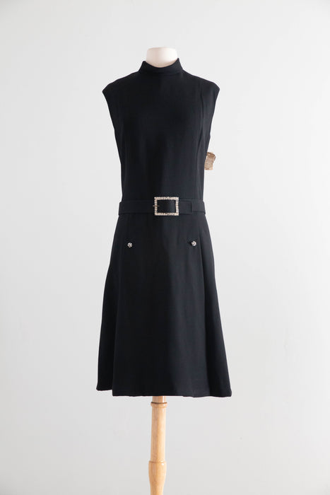 Iconic 1960's Teal Traina Black Wool Dress with Rhinestone Accents – New with Joseph Magnin Tags / ML