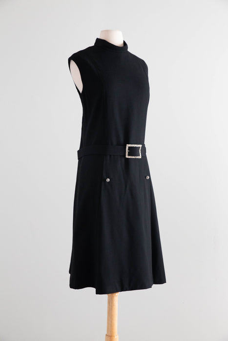 Iconic 1960's Teal Traina Black Wool Dress with Rhinestone Accents – New with Joseph Magnin Tags / ML