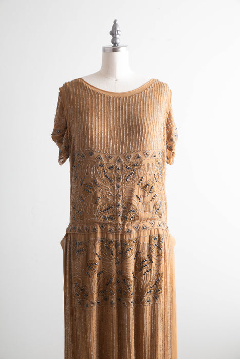 Rare Autumnal 1920's Beaded Silk Flapper Dress / SM
