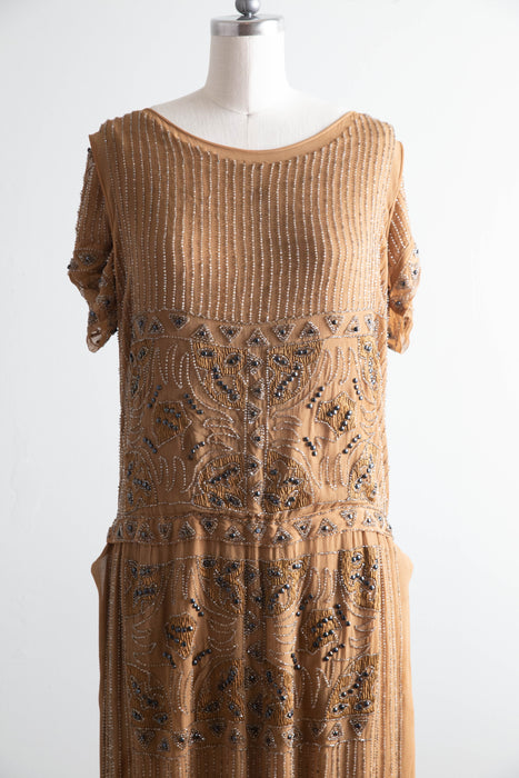 Rare Autumnal 1920's Beaded Silk Flapper Dress / SM