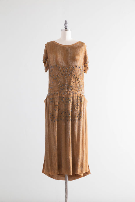 Rare Autumnal 1920's Beaded Silk Flapper Dress / SM
