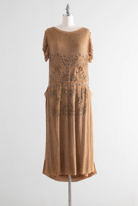 Rare Autumnal 1920's Beaded Silk Flapper Dress / SM