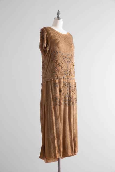 Rare Autumnal 1920's Beaded Silk Flapper Dress / SM