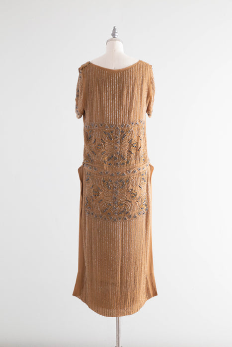 Rare Autumnal 1920's Beaded Silk Flapper Dress / SM
