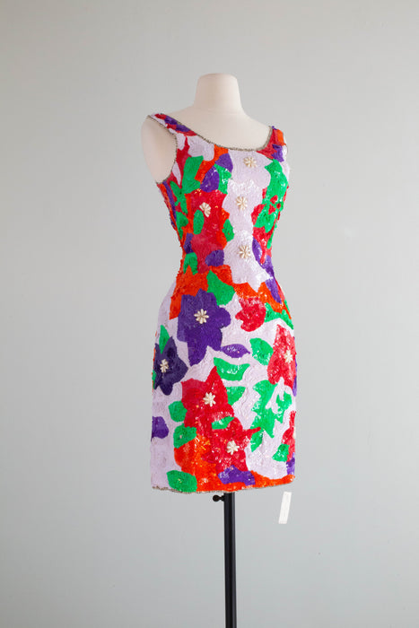 FAB 1980's Sequin Floral Party Dress With Original Tags / SM