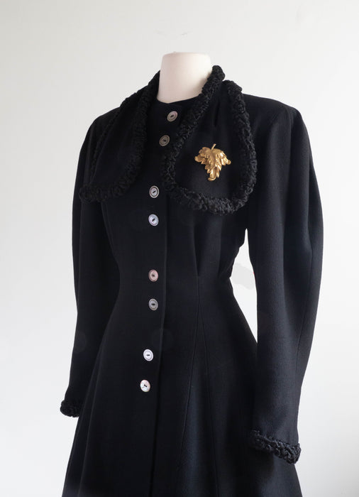 Dramatic 1930's Black Wool Princess Coat With Fur Trim / SM