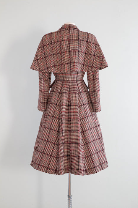 Extraordinary "Madame Holmes" 1940's Scotch Plaid Princess Coat With Cape By Rodex, made in England / Medium