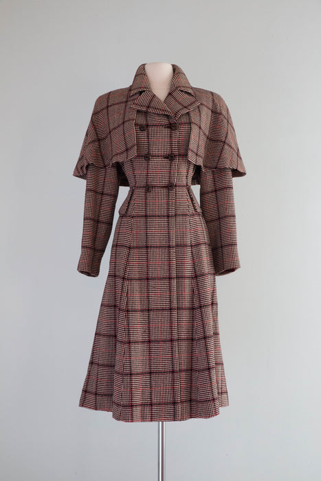 Extraordinary "Madame Holmes" 1940's Scotch Plaid Princess Coat With Cape By Rodex, made in England / Medium