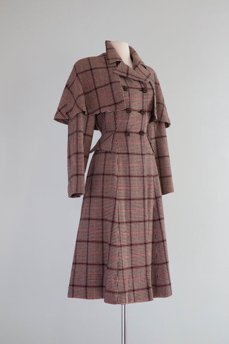 Extraordinary "Madame Holmes" 1940's Scotch Plaid Princess Coat With Cape By Rodex, made in England / Medium