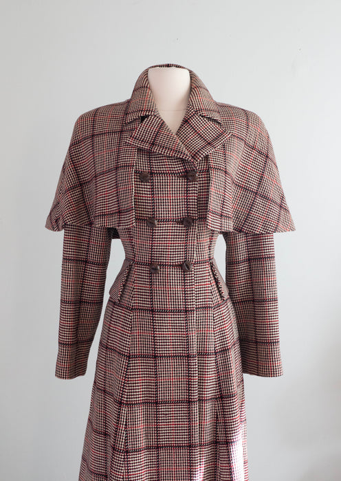 Extraordinary "Madame Holmes" 1940's Scotch Plaid Princess Coat With Cape By Rodex, made in England / Medium