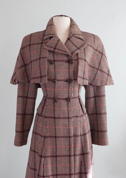 Extraordinary "Madame Holmes" 1940's Scotch Plaid Princess Coat With Cape By Rodex, made in England / Medium