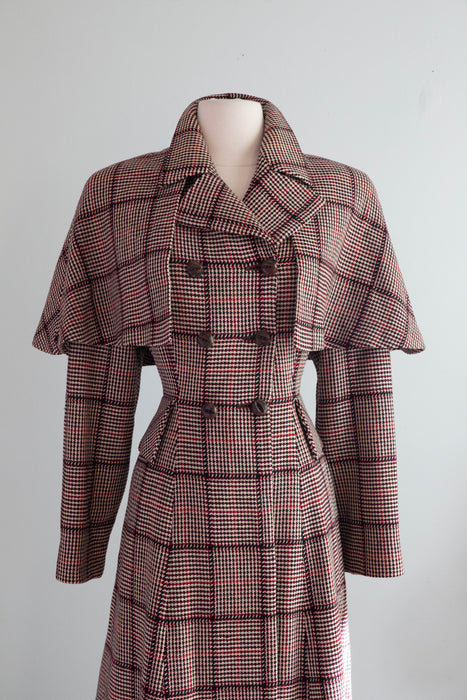 Extraordinary "Madame Holmes" 1940's Scotch Plaid Princess Coat With Cape By Rodex, made in England / Medium