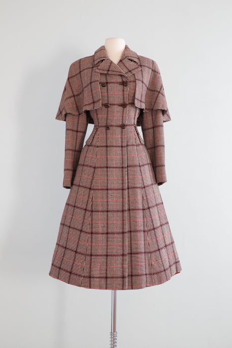 Extraordinary "Madame Holmes" 1940's Scotch Plaid Princess Coat With Cape By Rodex, made in England / Medium