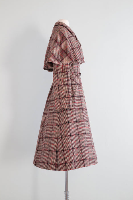 Extraordinary "Madame Holmes" 1940's Scotch Plaid Princess Coat With Cape By Rodex, made in England / Medium