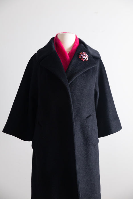 Gorgeous 1950's Black Cashmere Lilli Ann Coat With Striped Lining / Petite Small