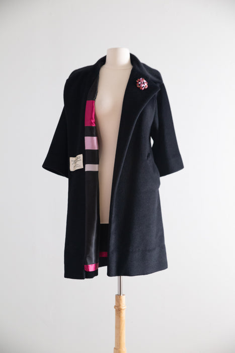 Gorgeous 1950's Black Cashmere Lilli Ann Coat With Striped Lining / Petite Small