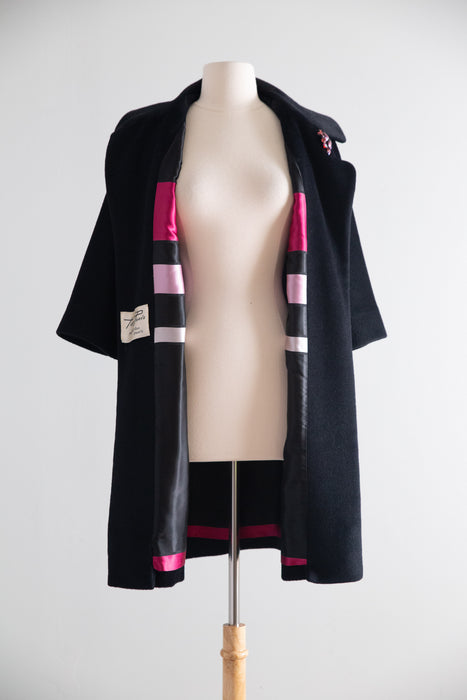 Gorgeous 1950's Black Cashmere Lilli Ann Coat With Striped Lining / Petite Small