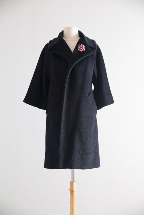 Gorgeous 1950's Black Cashmere Lilli Ann Coat With Striped Lining / Petite Small