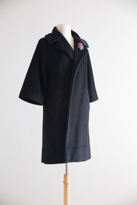 Gorgeous 1950's Black Cashmere Lilli Ann Coat With Striped Lining / Petite Small