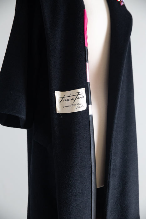Gorgeous 1950's Black Cashmere Lilli Ann Coat With Striped Lining / Petite Small