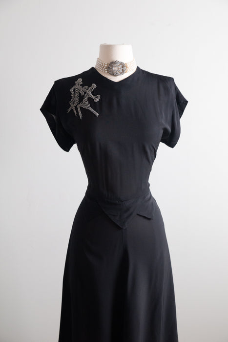 Wicked 1940's Dancing Skeletons Black Rayon Cocktail Dress / SM