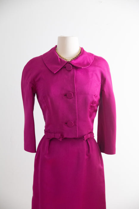 Vintage Hattie Carnegie Fuschia Silk Dress & Matching Jacket Set 1950's / S