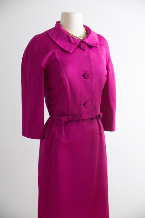 Vintage Hattie Carnegie Fuschia Silk Dress & Matching Jacket Set 1950's / S