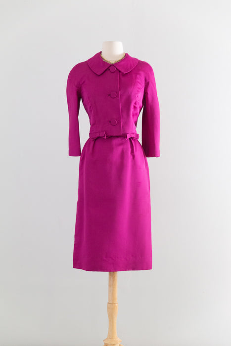 Vintage Hattie Carnegie Fuschia Silk Dress & Matching Jacket Set 1950's / S