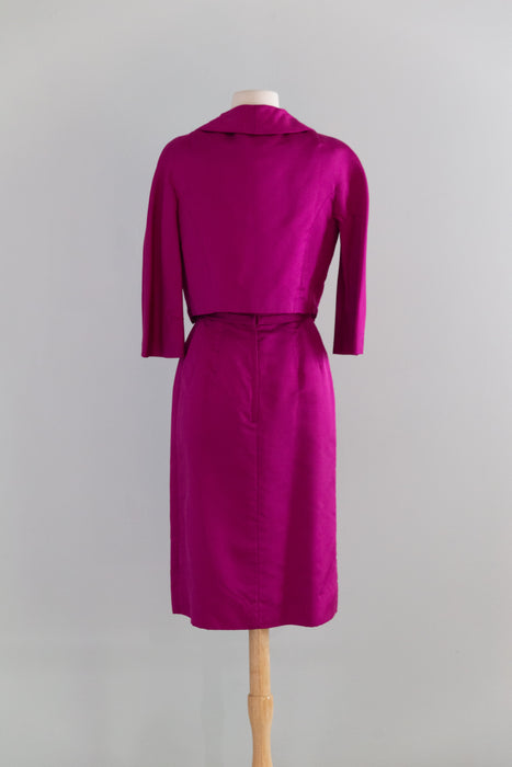 Vintage Hattie Carnegie Fuschia Silk Dress & Matching Jacket Set 1950's / S