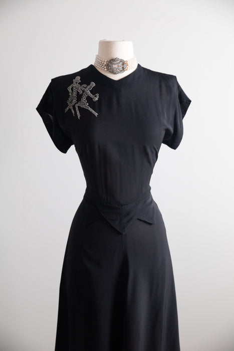 Wicked 1940's Dancing Skeletons Black Rayon Cocktail Dress / SM