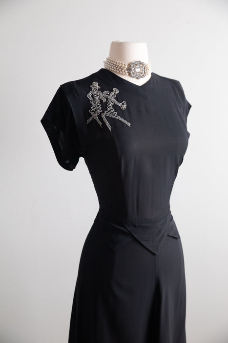 Wicked 1940's Dancing Skeletons Black Rayon Cocktail Dress / SM
