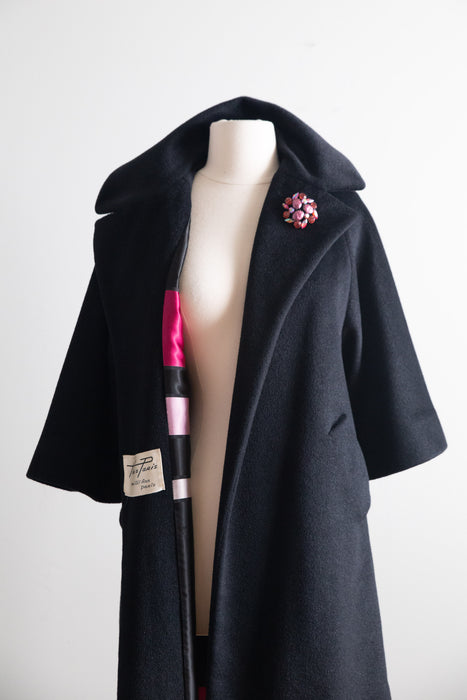 Gorgeous 1950's Black Cashmere Lilli Ann Coat With Striped Lining / Petite Small