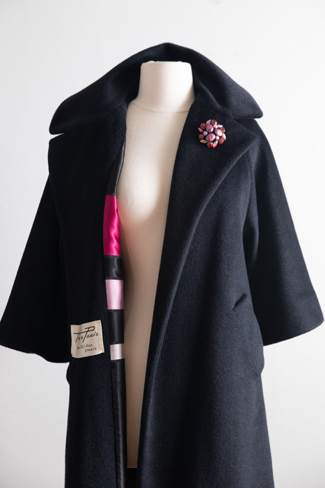 Gorgeous 1950's Black Cashmere Lilli Ann Coat With Striped Lining / Petite Small