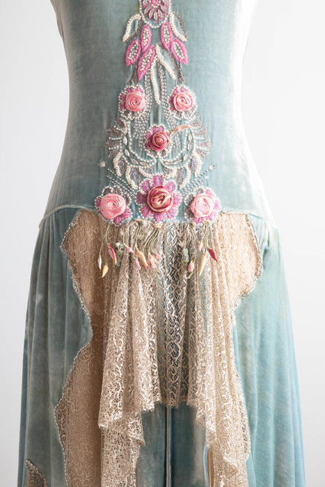 Museum Quality 1920’s Erotic Couture Evening Dress By Sadie Nemser 'Secret Garden' Aquamarine Silk Velvet / Small