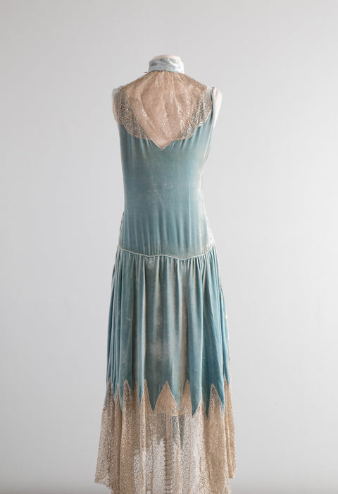 Museum Quality 1920’s Erotic Couture Evening Dress By Sadie Nemser 'Secret Garden' Aquamarine Silk Velvet / Small