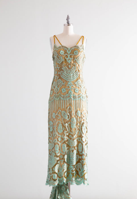 Museum Quality Rare 1920's Sally Milgrim Egyptian Revival Couture Evening Dress With Train / SM