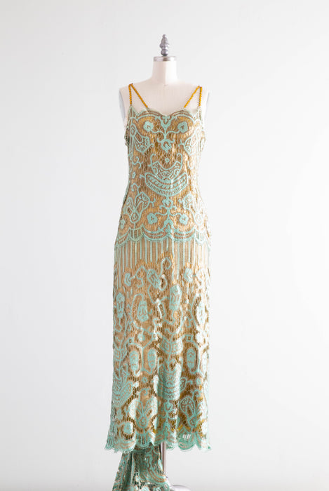 Museum Quality Rare 1920's Sally Milgrim Egyptian Revival Couture Evening Dress With Train / SM