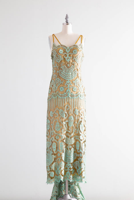 Museum Quality Rare 1920's Sally Milgrim Egyptian Revival Couture Evening Dress With Train / SM