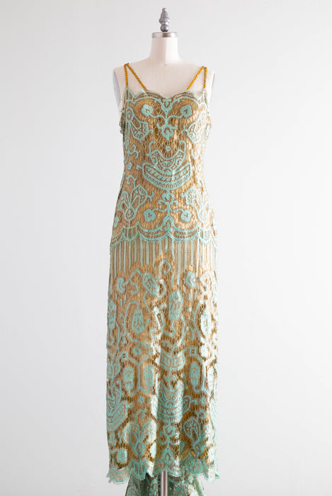 Museum Quality Rare 1920's Sally Milgrim Egyptian Revival Couture Evening Dress With Train / SM