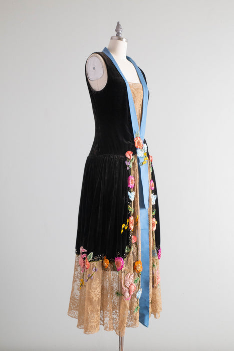 Museum Quality 1920’s Couture Evening Dress By Sadie Nemser Midnight Garden Black Silk Velvet With Ribbon Flowers / Small