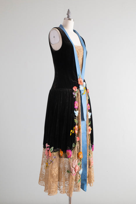 Museum Quality 1920’s Couture Evening Dress By Sadie Nemser Midnight Garden Black Silk Velvet With Ribbon Flowers / Small