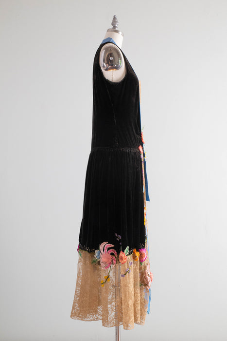 Museum Quality 1920’s Couture Evening Dress By Sadie Nemser Midnight Garden Black Silk Velvet With Ribbon Flowers / Small