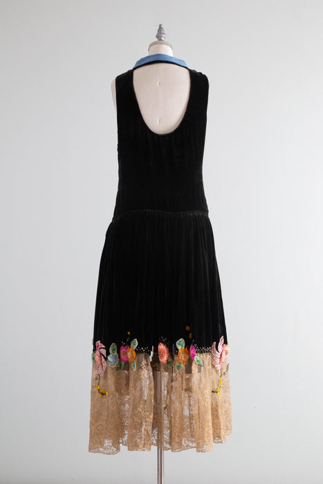 Museum Quality 1920’s Couture Evening Dress By Sadie Nemser Midnight Garden Black Silk Velvet With Ribbon Flowers / Small