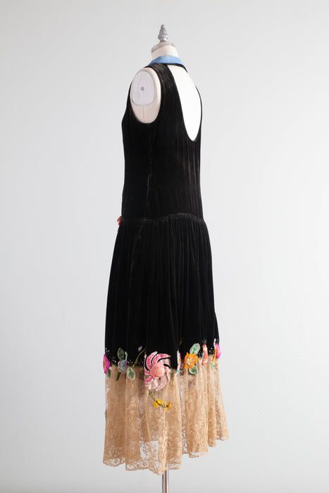 Museum Quality 1920’s Couture Evening Dress By Sadie Nemser Midnight Garden Black Silk Velvet With Ribbon Flowers / Small