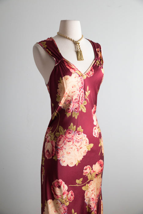 Stunning 1990's Bucolic Rose Print Silk Bias Cut Slip Dress by Mary Green / SM