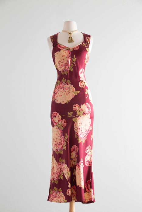 Stunning 1990's Bucolic Rose Print Silk Bias Cut Slip Dress by Mary Green / SM