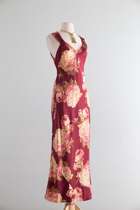 Stunning 1990's Bucolic Rose Print Silk Bias Cut Slip Dress by Mary Green / SM