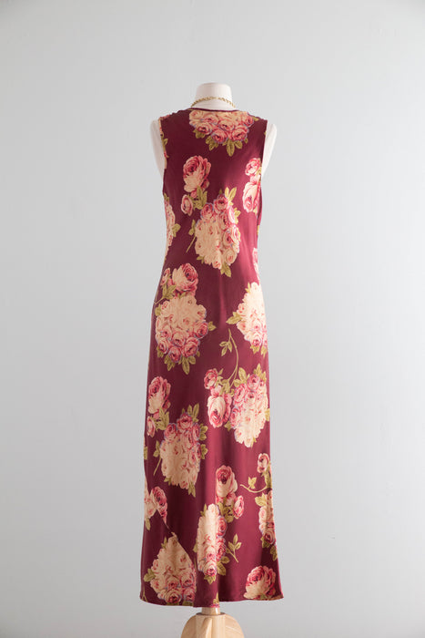 Stunning 1990's Bucolic Rose Print Silk Bias Cut Slip Dress by Mary Green / SM