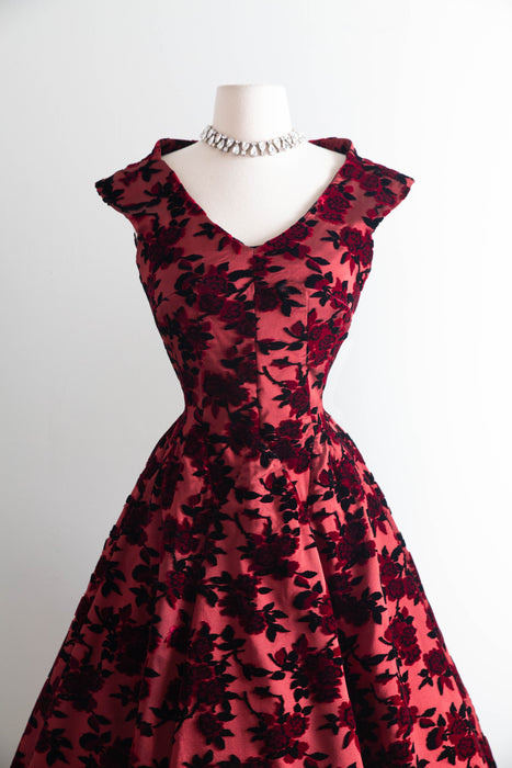 1950’s Adele Simpson Crimson Rose Silk Demi Couture Cocktail Dress / S