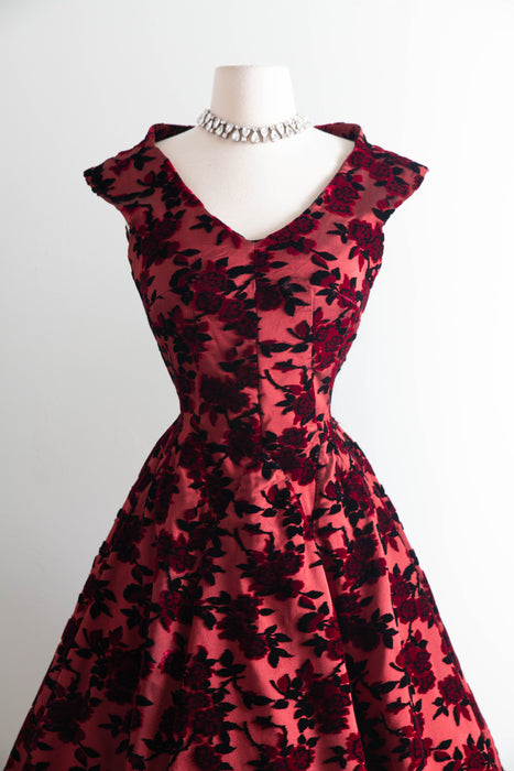 1950’s Adele Simpson Crimson Rose Silk Demi Couture Cocktail Dress / S